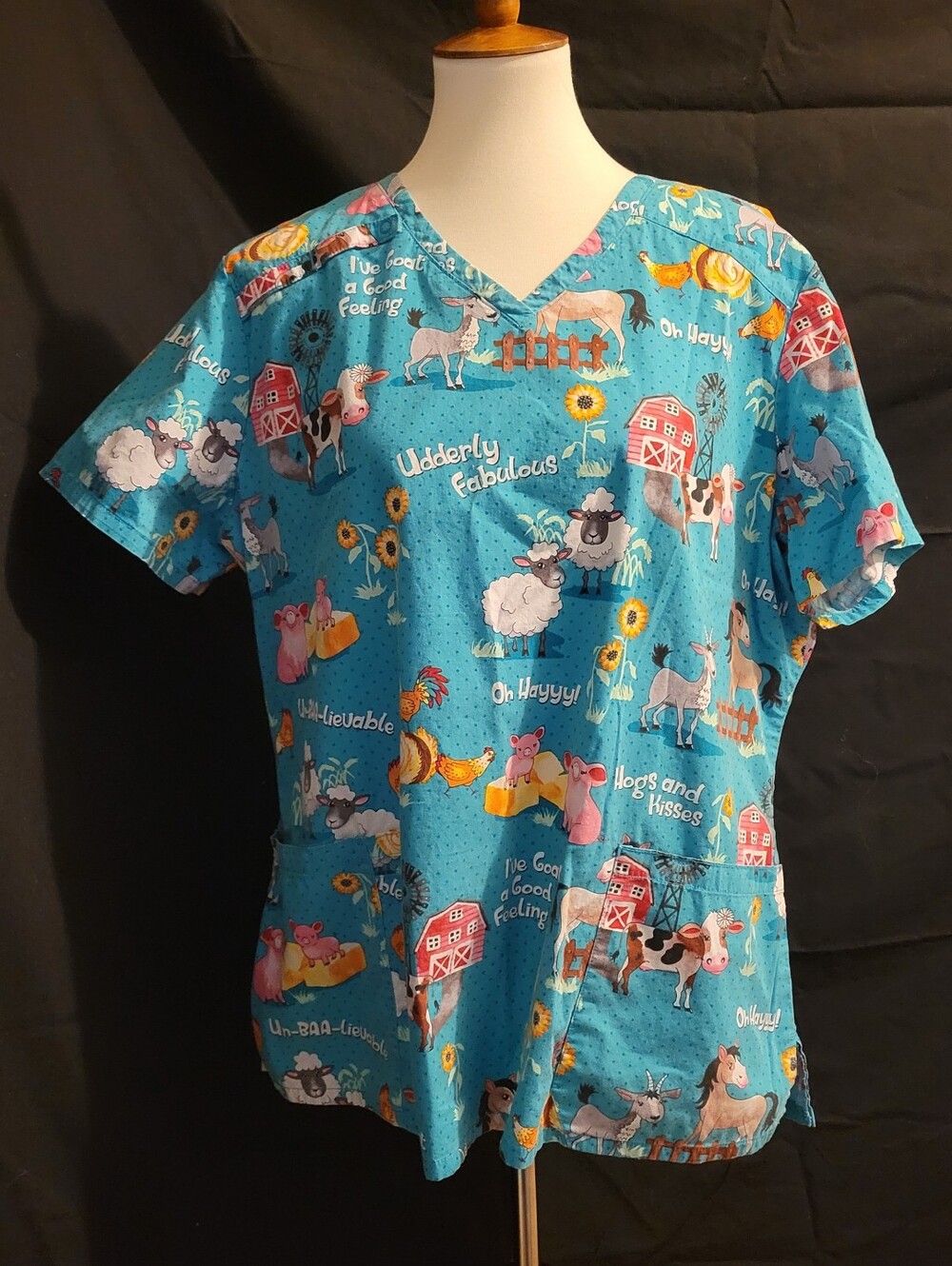 Dickies Teal Farm Animal Print Short Sleeve Scrub Top